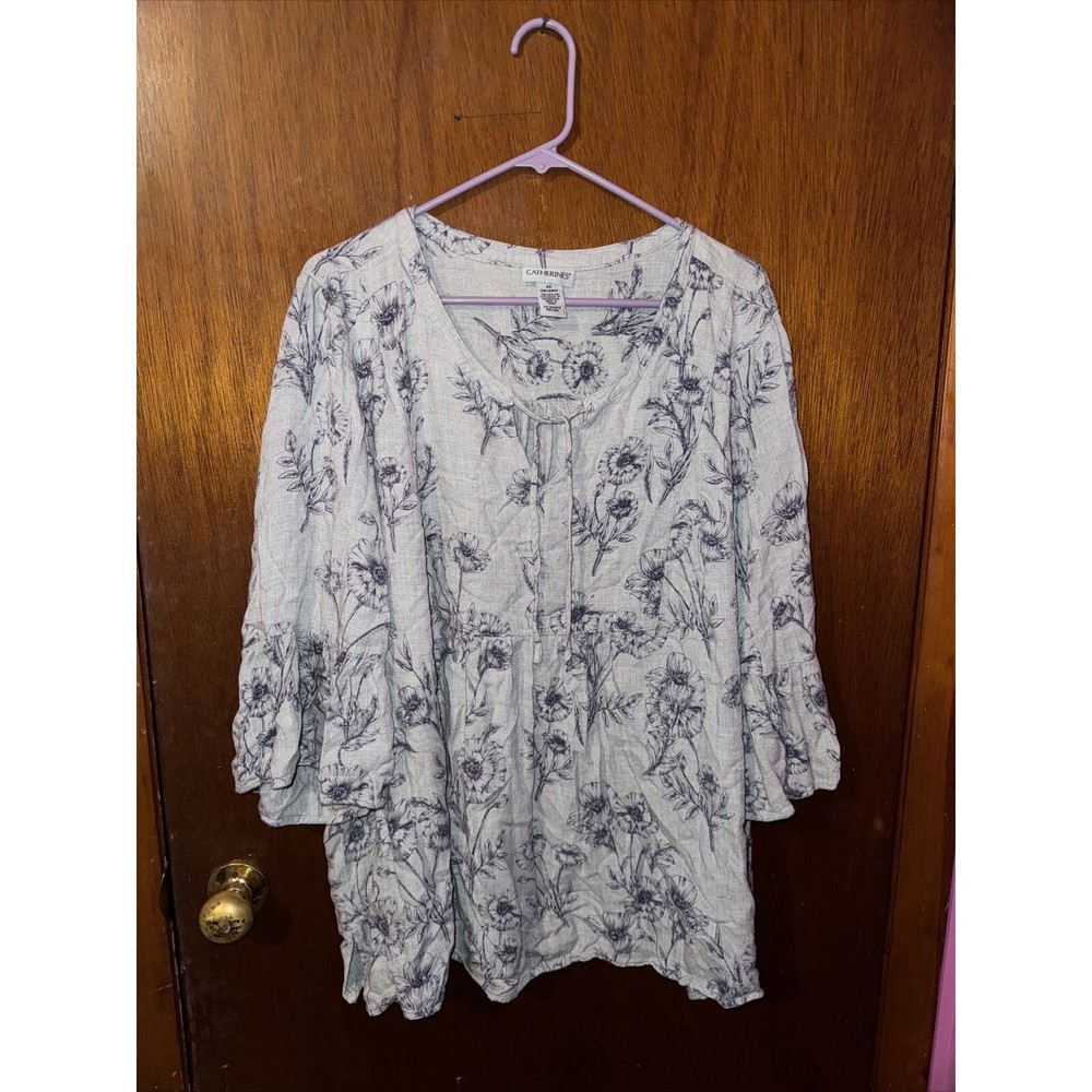 Catherine’s Womens Floral Long Sleeve V- Neck Gray Blouse Size 3X 26/28 W Loose